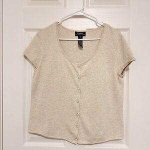 Ralph Lauren short sleeve cotton beige grey V-neck sweater with knot buttons- XL